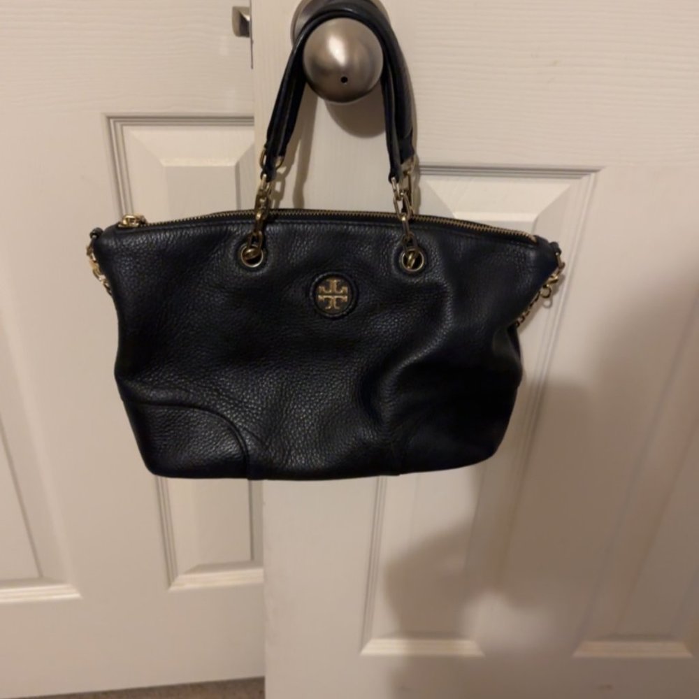 Tory Burch Handbag Pebbled Black Leather with Gold Chains